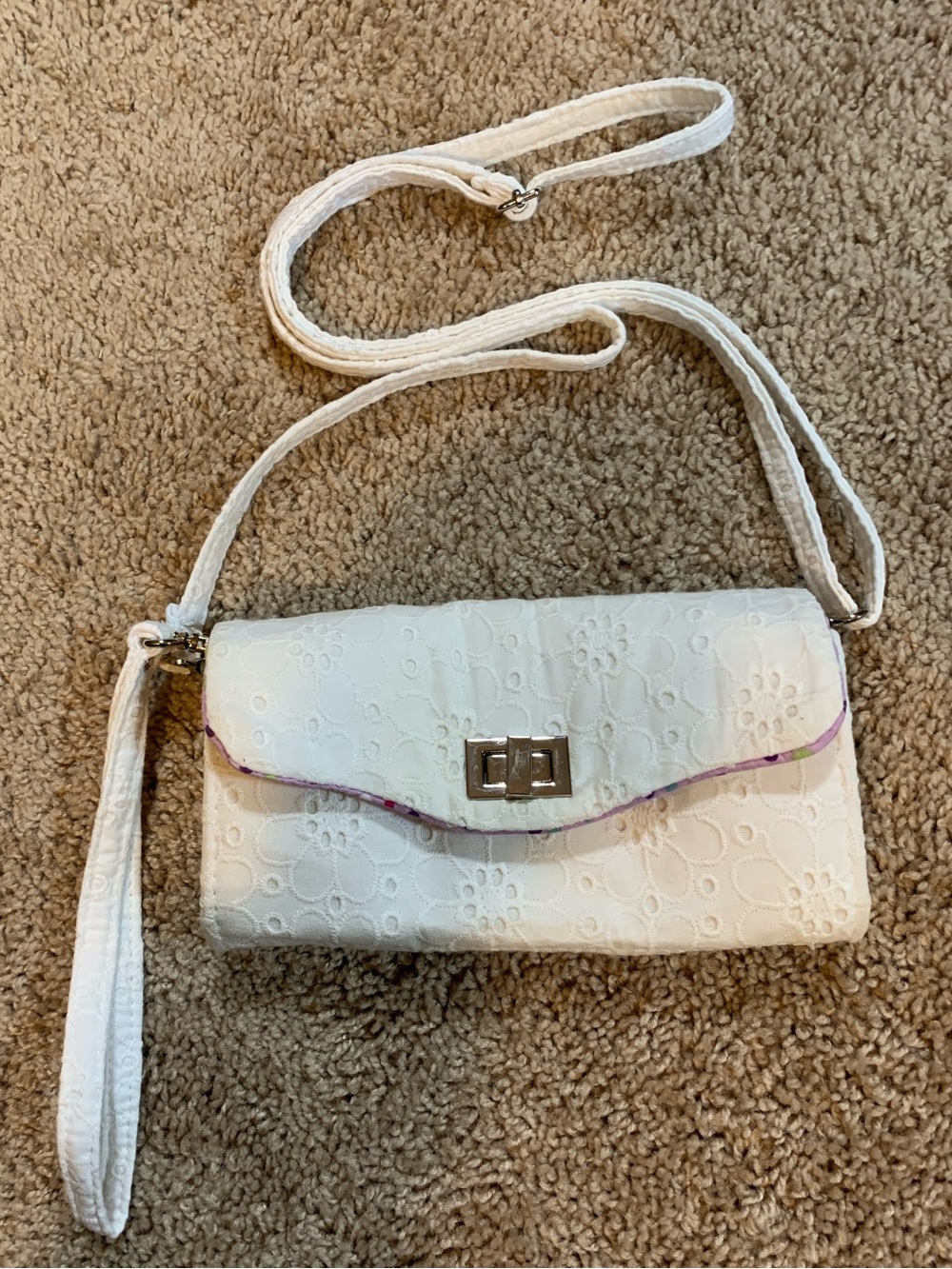 White Eyelet Floral Embossed Crossbody Clutch